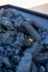 Burning charcoal embers glowing in a grill ready for cooking