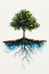 Watercolor Painting of Trees and Roots Spreading Below