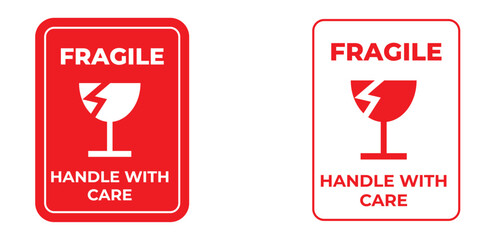 Fragile handle with care sticker and poster for delivery service. Fragile box and glass parcel warning icon vector signs
