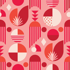 Contemporary seamless pattern with simple geometric shapes in pink and red colors. Stylish abstract background in Scandinavian style for print, design, fabric. Vector illustration