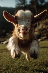 Fototapeta premium Happy baby goat leaping in a grassy field Adorable kid goat jumping playfully outdoors