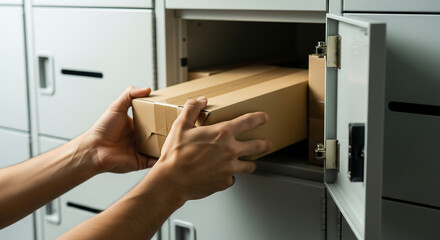 Hands Placing Cardboard Box Inside Metal Locker in a Secured Facility Open Locker Door Shows Interior Contents Secured Parcel Delivery and Pickup at Parcel Locker Storage System