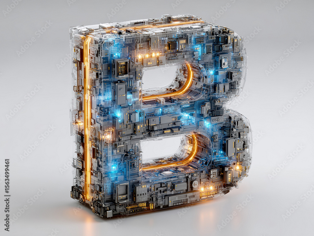 Poster a futuristic 3d b and t, composed of glowing, interconnected cubes and chains in orange and blue, sy