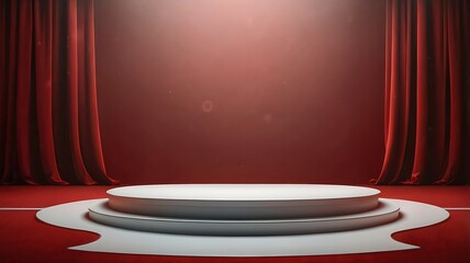 Elegant Stage Design Red Curtains and Circular Podium for Award Ceremony or Product Launch