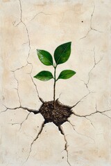 Watercolor Sapling Growing in Cracked Earth