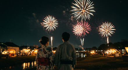 花火大会を楽しむ浴衣姿の若いカップル