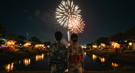 花火大会を楽しむ浴衣姿の若いカップル