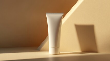 Cream tube on beige backdrop, studio shot.  Possible use Product display