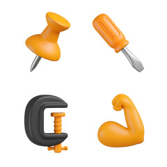 3D set of office tools and strength icons with pin, arm, and clamp