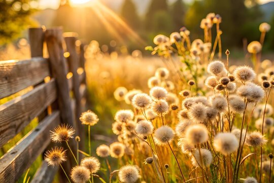Fluffy dandelion seed heads sway gently in a golden sunset light, beside a rustic wooden fence in a peaceful summer meadow
