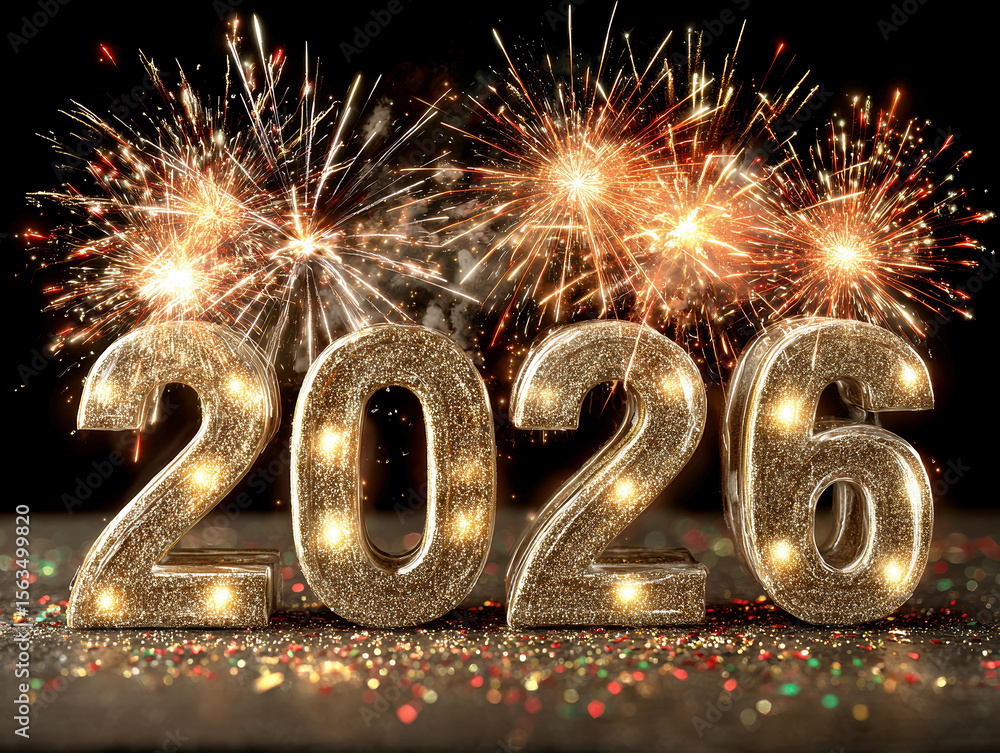 Poster golden 3d candles spelling 2026 against a black background, surrounded by exploding fireworks in var