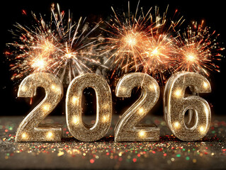 Golden 3D candles spelling 2026 against a black background, surrounded by exploding fireworks in various colors The scene is filled with dynamic movement and sparkling debris - AI-Generated
