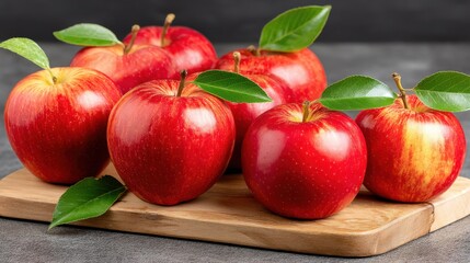 Red apples with green leaves arranged on a wooden cutting board for fresh fruit display