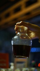 A hand holds a condensation-covered glass carafe filled with dark cold brew coffee, capturing a refreshing moment in a warmly lit cafe.