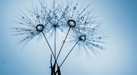 Macro Shot of Dandelion Seeds with Water Droplets in Blue Tones