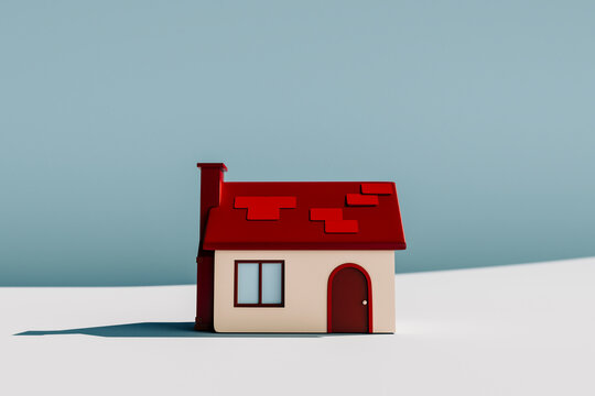 3D render of a minimal pastel house with red tiles and a chimney