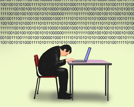 Person overwhelmed by work at a desk with binary code background