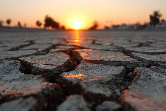 Parched cracked earth under vibrant sunset glow  
