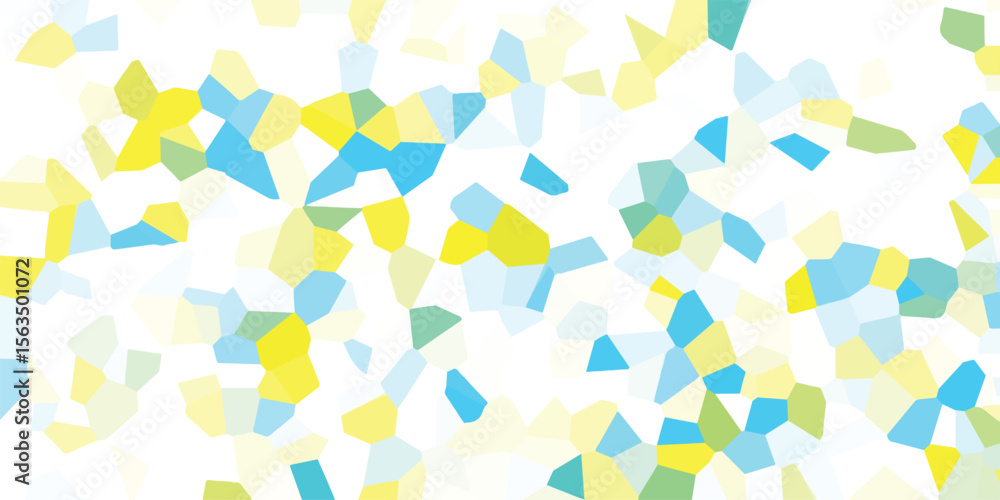 Poster abstract mosaic pattern in pastel colors with randomly arranged polygonal shapes on a white backgrou
