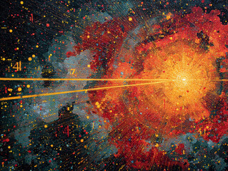 A vibrant, chaotic celestial scene featuring a large yellow-orange explosion surrounded by smaller bursts of light in varying sizes, against a backdrop of blue and purple particles The - AI-Generated