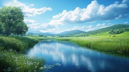 Peaceful Summer River Landscape with Green Fields and Blue Sky river landscape summer peaceful grass