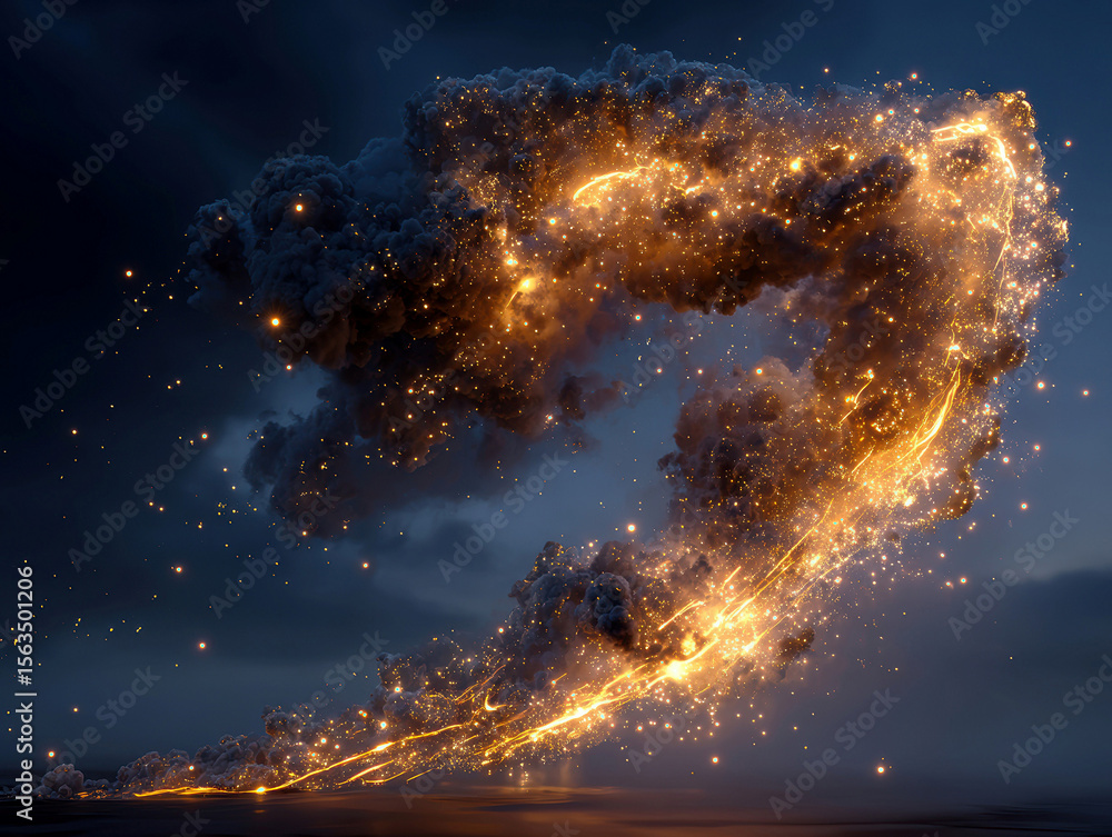 Poster a nighttime explosion depicted in a realistic style, with a central, streaking burst of light resemb