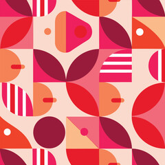 Contemporary seamless pattern with simple geometric shapes in pink and red colors. Stylish abstract background in Scandinavian style for print, design, fabric. Vector illustration