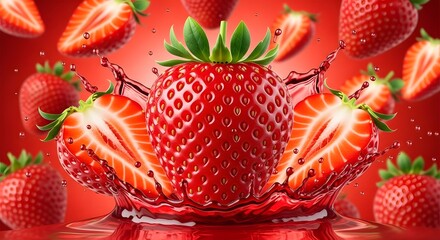 Juicy Strawberries Splash Fresh Red Berries, Summer Fruit Burst