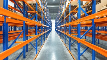 Fototapeta premium Empty warehouse with orange and blue shelves storing goods