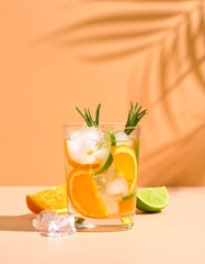 Refreshing cocktail with orange, lime, ice, and rosemary in clear glass on peach surface with bold shadows and vibrant summer vibe.