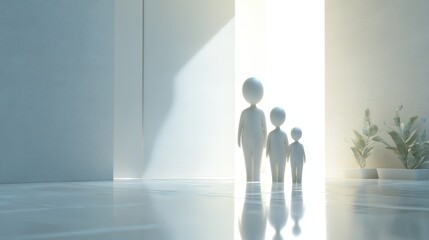 Obraz premium Minimalist Family Entering Light, Modern Interior, Stock Photography