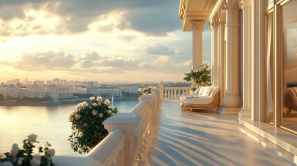 Fototapeta premium Luxury penthouse balcony sunset city view relaxation