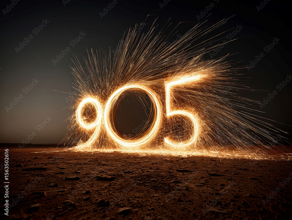 Poster night scene with lit sparklers forming the word new on ground, sparks flying up and outward in dynam