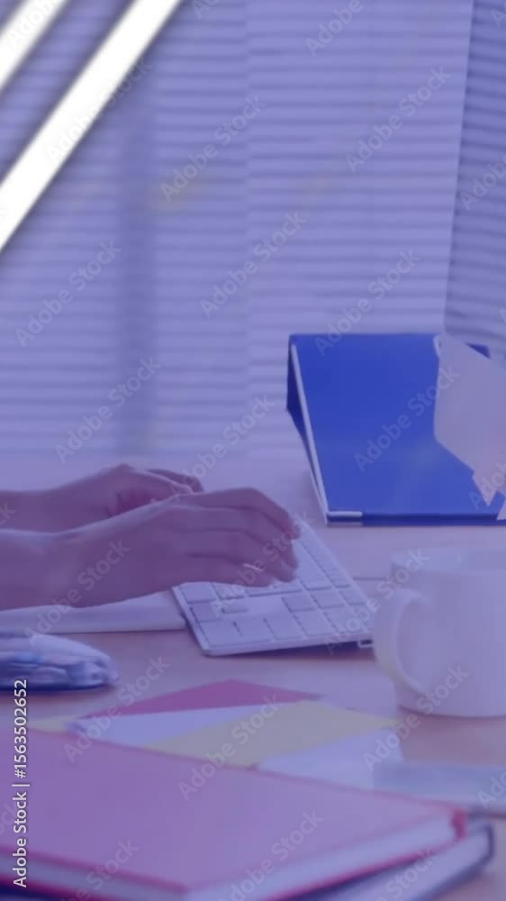 Poster animation of financial data processing over caucasian businesswoman using computer in office