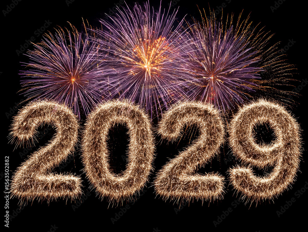Poster fireworks displaying year 2029 in vibrant purple and gold, against a dark night sky the image focuse
