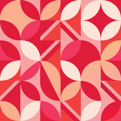 Contemporary seamless pattern with simple geometric shapes in pink and red colors. Stylish abstract background in Scandinavian style for print, design, fabric. Vector illustration