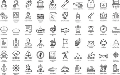 Nautical Icons Vector Set. Line Art Maritime Symbols.
