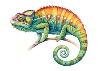 Obraz premium Vibrant watercolor painting of a colorful chameleon perched on a branch