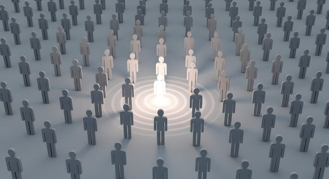 Brightly Illuminated Figure Standing Out from a Large Crowd, Symbolizing Uniqueness, Leadership, or Influence