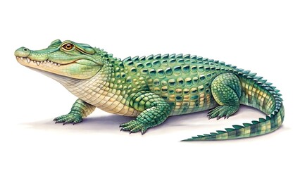 Fototapeta premium A detailed watercolor illustration of a green alligator with sharp teeth and orange eyes on a white background