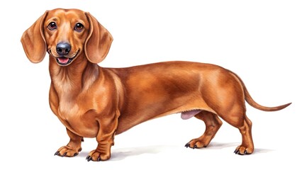 A charming smooth haired red dachshund dog stands attentively on a white background