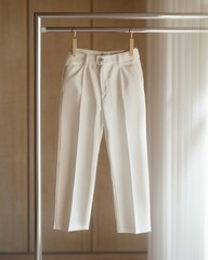 Elegant White Women's Trousers Hanging on a Minimalist Clothes Rack