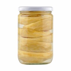 Jar of sliced artichoke hearts isolated on a white background.