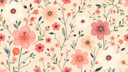 Seamless pattern with flowers, Hand drawn Flowers and branches in Scandinavian style	