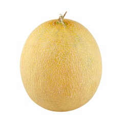 Close-up of a ripe yellow melon with textured skin isolated on a white background.