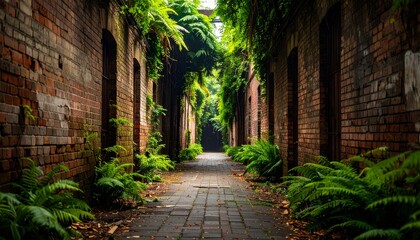 Abandoned alley filled with lush greenery, ferns pushing through bricks, vines crawling up faded urban walls