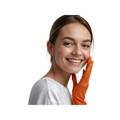 Happy Young Woman with Radiant Skin Touching Face with Orange Glove