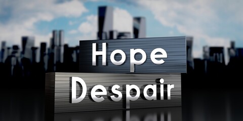 Fototapeta premium Hope, despair - metal blocks and skyscrapers - 3D illustration