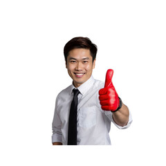 Asian Businessman Giving Thumbs Up in Red Glove
