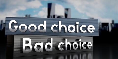 Fototapeta premium Good choice, bad choice - metal blocks and skyscrapers - 3D illustration